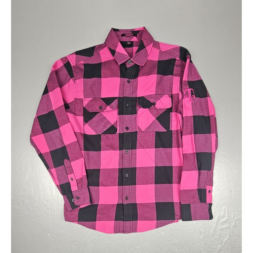 T-Mobile‎ Flannel Shirt Adult Size Medium Pink Black Plaid Button Up Longsleeve